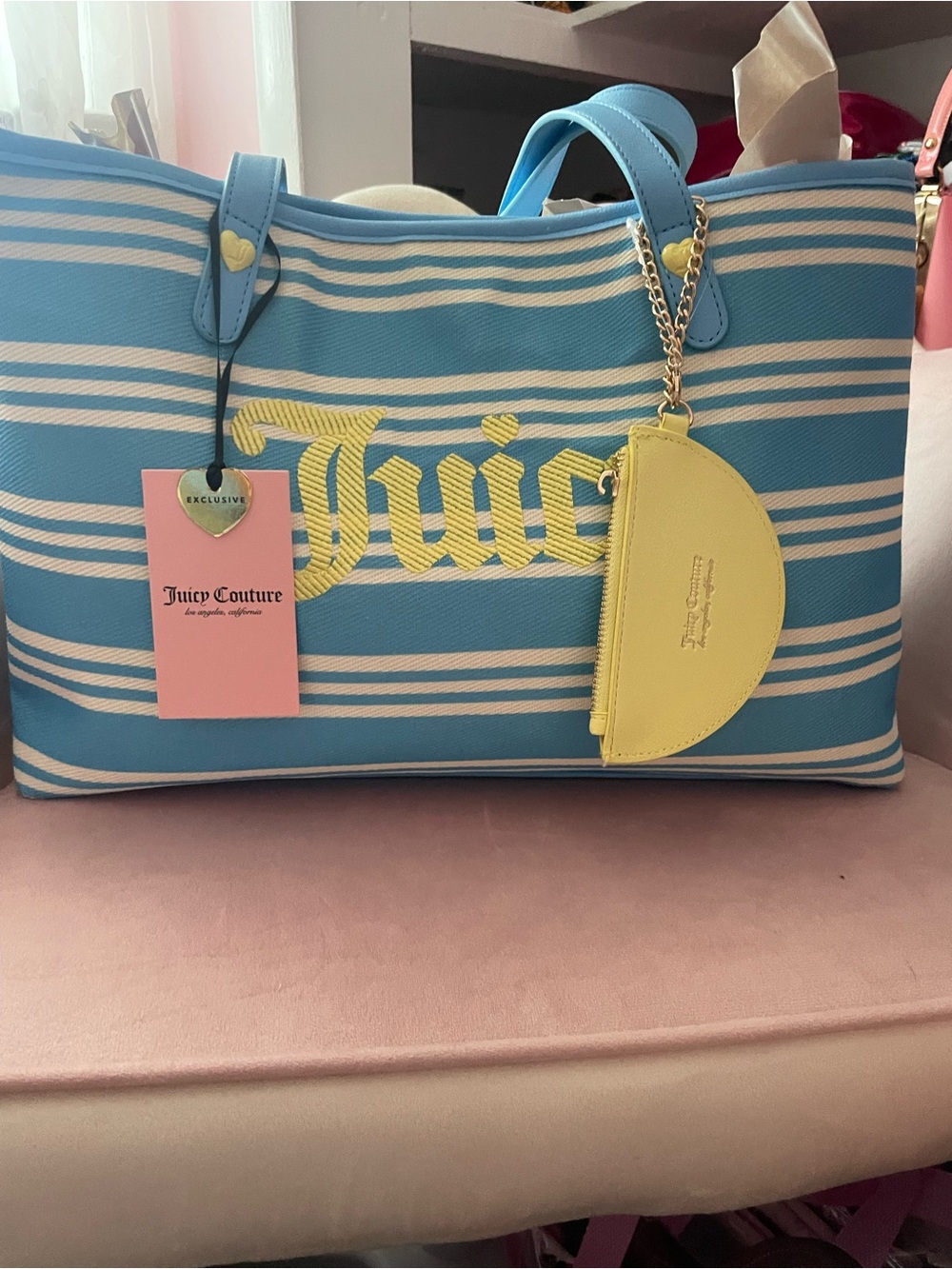 Juicy Couture Blue and Yellow Striped Tote with Yellow Coin Pouch